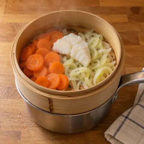 Étape 2 : Faites cuire les carottes 8 minutes à la vapeur, ajoutez le poireau et le cabillaud et poursuivez 10 minutes : le poisson doit être blanc et opaque à cœur.