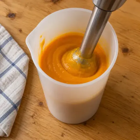 Étape 3 : Coupez le poulet en petits morceaux et mixez-le très longuement avec le potimarron et 2 c. à soupe d’eau de cuisson, jusqu’à ce qu’il ne reste aucun filament de viande.
