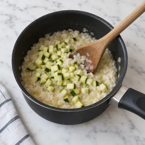 Étape 2 : Dès que l’eau est absorbée, ajoutez-en une louche, puis une autre, et ainsi de suite. Au bout de 10 minutes, ajoutez la courgette.