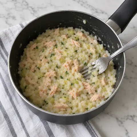 Étape 5 : Mélangez le saumon et le basilic finement ciselé au risotto. Pour un bébé de 9 mois, écrasez légèrement à la fourchette.