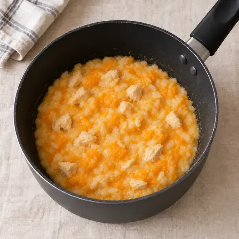 Étape 4 : Hors du feu, incorporez le comté et écrasez légèrement à la fourchette : le potimarron fait une crème, le poulet s’émiette en petits morceaux. Ajoutez un peu d’eau chaude si le risotto est trop épais.